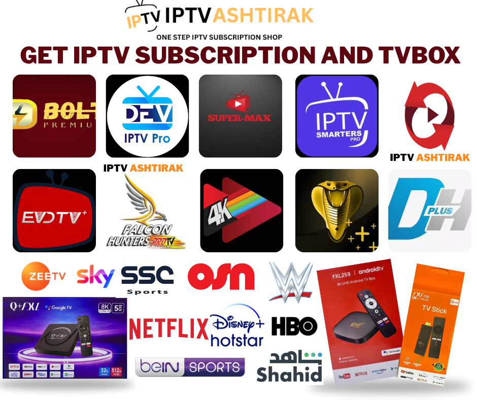 Collection of IPTV subscription service icons including Super-Max, IPTV Smarters Pro, and D Plus, with promotional text for IPTV subscription and TV box services.