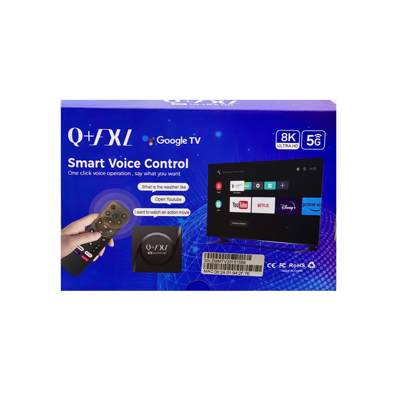 Q+ FXL Google Tv Box for the 8K UHD Android TV Box featuring a remote control. Compatible with Android 15.1 and various streaming services logos shown at the bottom. (3) A box labeled "Q+FXL Google TV 8K ULTRA HD NETFLIX HBONOW 32G 512G PTV RAM ROM" next to a remote control, featuring electronic device tags.