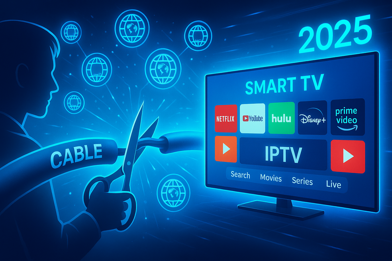 A person cuts a cable labeled "CABLE" with scissors, facing a smart TV displaying streaming apps and the year 2025, symbolizing a shift from cable to IPTV.