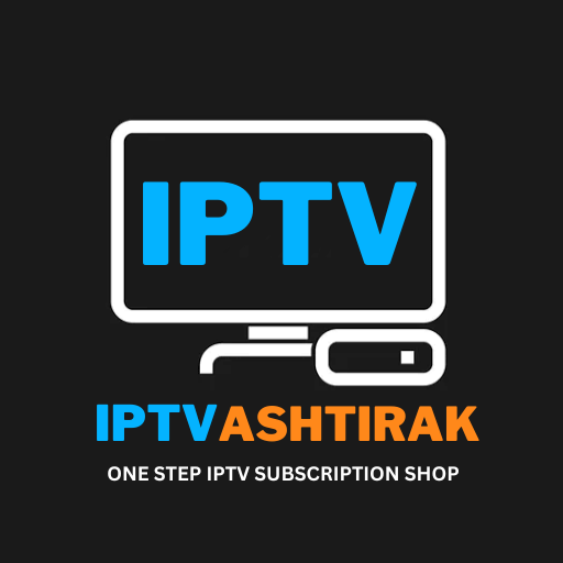 IPTV Ashtirak logo on a black background, representing premium IPTV subscriptions with 15,000+ channels and VOD content.