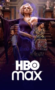 A woman wearing a purple dress stands beside a boy and another woman also in a purple dress. The image appears to be a screenshot related to HBO Max.
