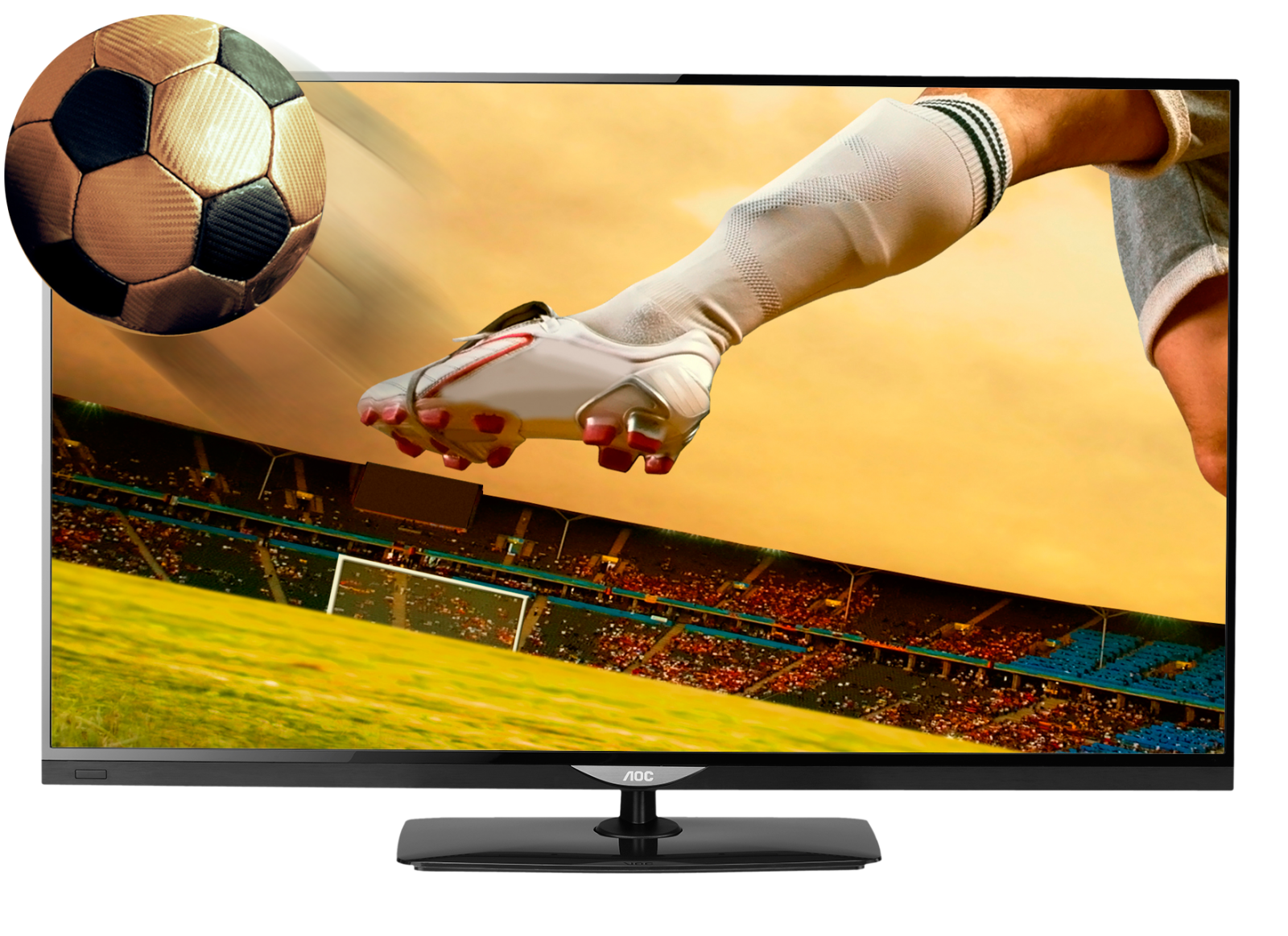 A flat-screen television is displaying a dynamic image of a soccer (football) game. The foreground shows a soccer player mid-stride, kicking a soccer ball. The player's leg is raised high, and their foot is in the act of striking the ball. The player's leg is light-colored, and the shoe is a light color with darker accents. The player appears in mid-air against an orange-yellow backdrop. The television shows a soccer field with spectators in the stands. The stands are full, with a variety of colors. A soccer goal is visible in the middle ground. The field appears a yellowish-green hue. A golden-brown soccer ball with black panels is prominent in the top left corner of the screen. The image quality appears sharp and detailed, suggesting a high-resolution display. The image is vibrant and vivid. The overall impression is one of a dynamic sporting event. You Can Watch The FIFA World Cup 2026.