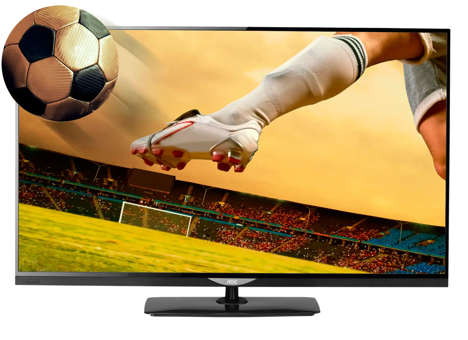 A flat-screen television is displaying a dynamic image of a soccer (football) game.  The foreground shows a soccer player mid-stride, kicking a soccer ball. The player's leg is raised high, and their foot is in the act of striking the ball. The player's leg is light-colored, and the shoe is a light color with darker accents. The player appears in mid-air against an orange-yellow backdrop. The television shows a soccer field with spectators in the stands. The stands are full, with a variety of colors.  A soccer goal is visible in the middle ground. The field appears a yellowish-green hue. A golden-brown soccer ball with black panels is prominent in the top left corner of the screen. The image quality appears sharp and detailed, suggesting a high-resolution display. The image is vibrant and vivid. The overall impression is one of a dynamic sporting event. You Can Watch The FIFA World Cup 2026.