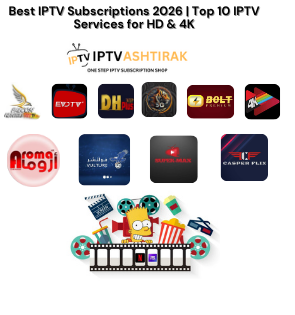 A colorful cartoon character holding a movie strip, surrounded by various film strips, featuring bold text that reads "Best IPTV Subscriptions 2026 | Top 10 IPTV Services for HD & 4K." The design includes logos and graphics related to different IPTV services.