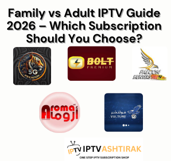 A collection of logos featuring various brands and services related to IPTV subscriptions, alongside the text "Family vs Adult IPTV Guide 2026 - Which Subscription Should You Choose?" The logos include names such as BOLT PREMIUM, PREMIUM FALCON, Atoggi, فولتشر VULTURE, IPTV ASHTIRAK, and ONE STEP IPTV SUBSCRIPTION SHOP. The design showcases a mix of styles and fonts typical in graphic branding.