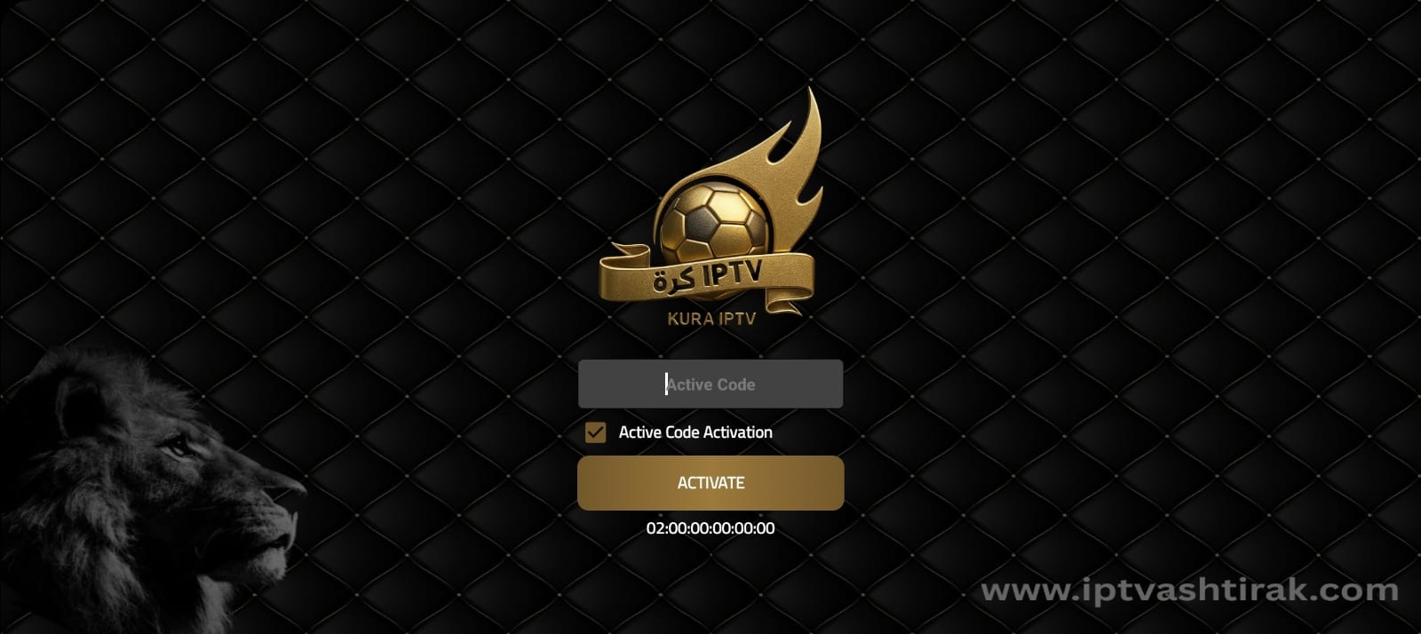 Kura IPTV Login Page | IPTV Activation Portal Kura IPTV login screen with gold logo, activation form, and black background featuring a lion design