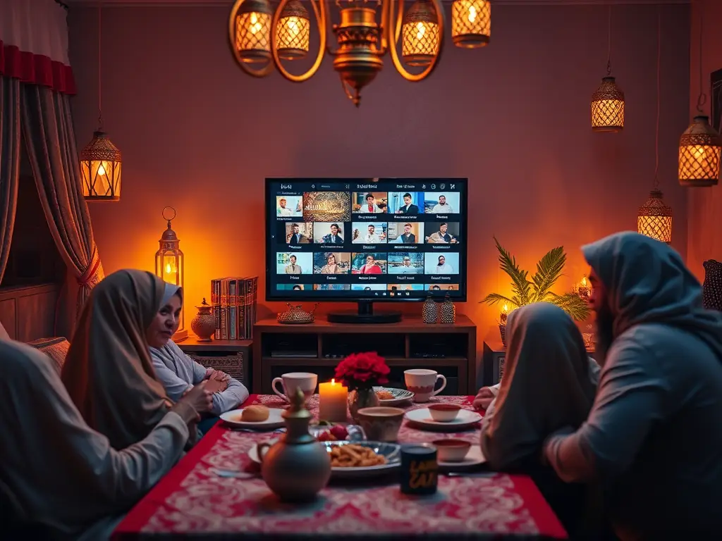 A group of people sitting around a table with a TV in the background showing a TV drama series