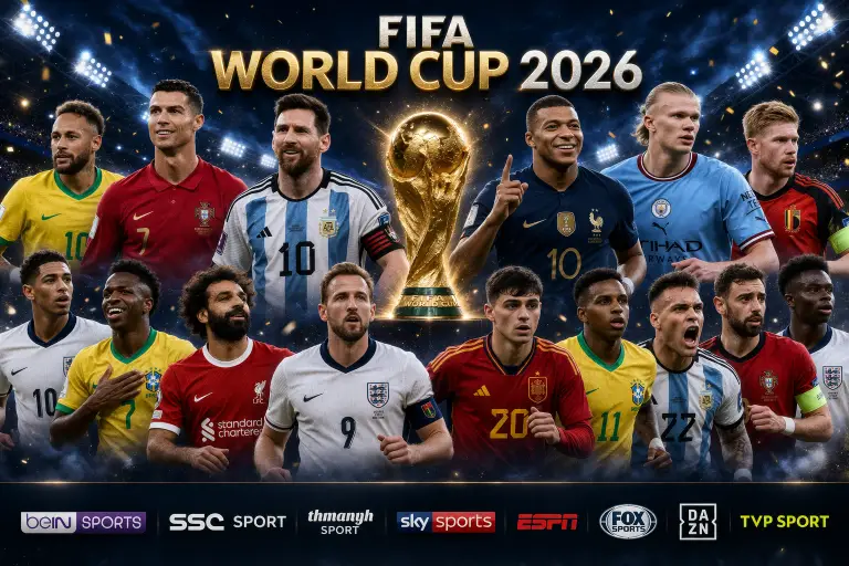 FIFA World Cup 2026 promotional banner featuring star football players including Lionel Messi, Cristiano Ronaldo, and Kylian Mbappé with a glowing World Cup trophy in the center and sports channel logos like beIN Sports, SSC Sport, and others displayed at the bottom, created by IPTV Ashtirak.