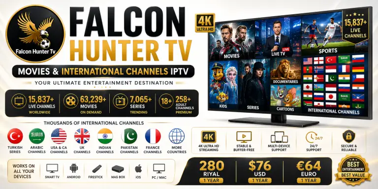Falcon Hunter TV advertisement featuring a 4K television displaying various categories like movies, live TV, sports, and international channels with information on subscriptions and the number of available channels.