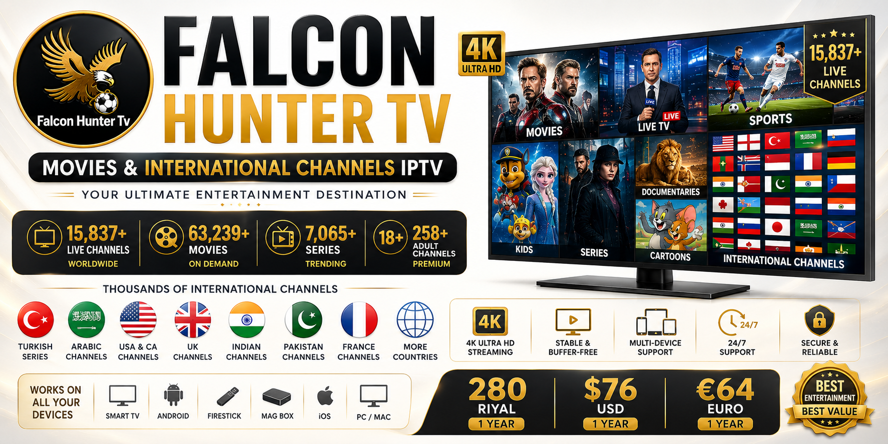 Falcon Hunter TV advertisement featuring a 4K television displaying various categories like movies, live TV, sports, and international channels with information on subscriptions and the number of available channels.