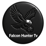 A black circular logo featuring an eagle holding a soccer ball, with the text "Falcon Hunter TV" below.