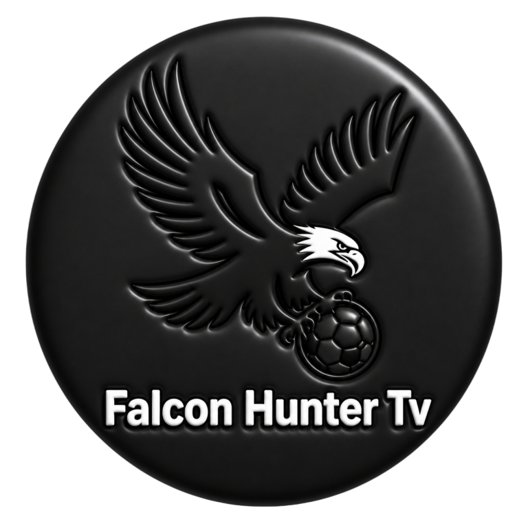 A black circular logo featuring an eagle holding a soccer ball, with the text "Falcon Hunter TV" below.