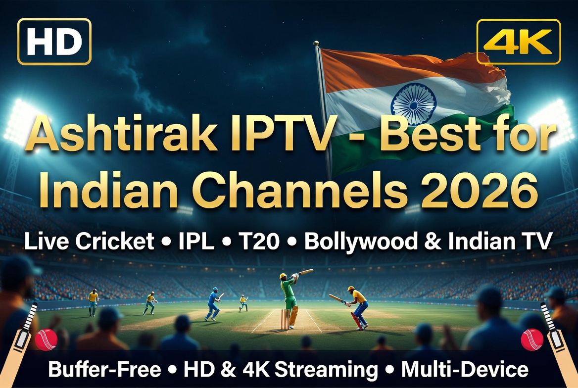 Ashtirak IPTV promotional banner showing live cricket match in stadium with Indian flag, text: Best Indian IPTV 2026 for Live Cricket, IPL, Bollywood in HD and 4K