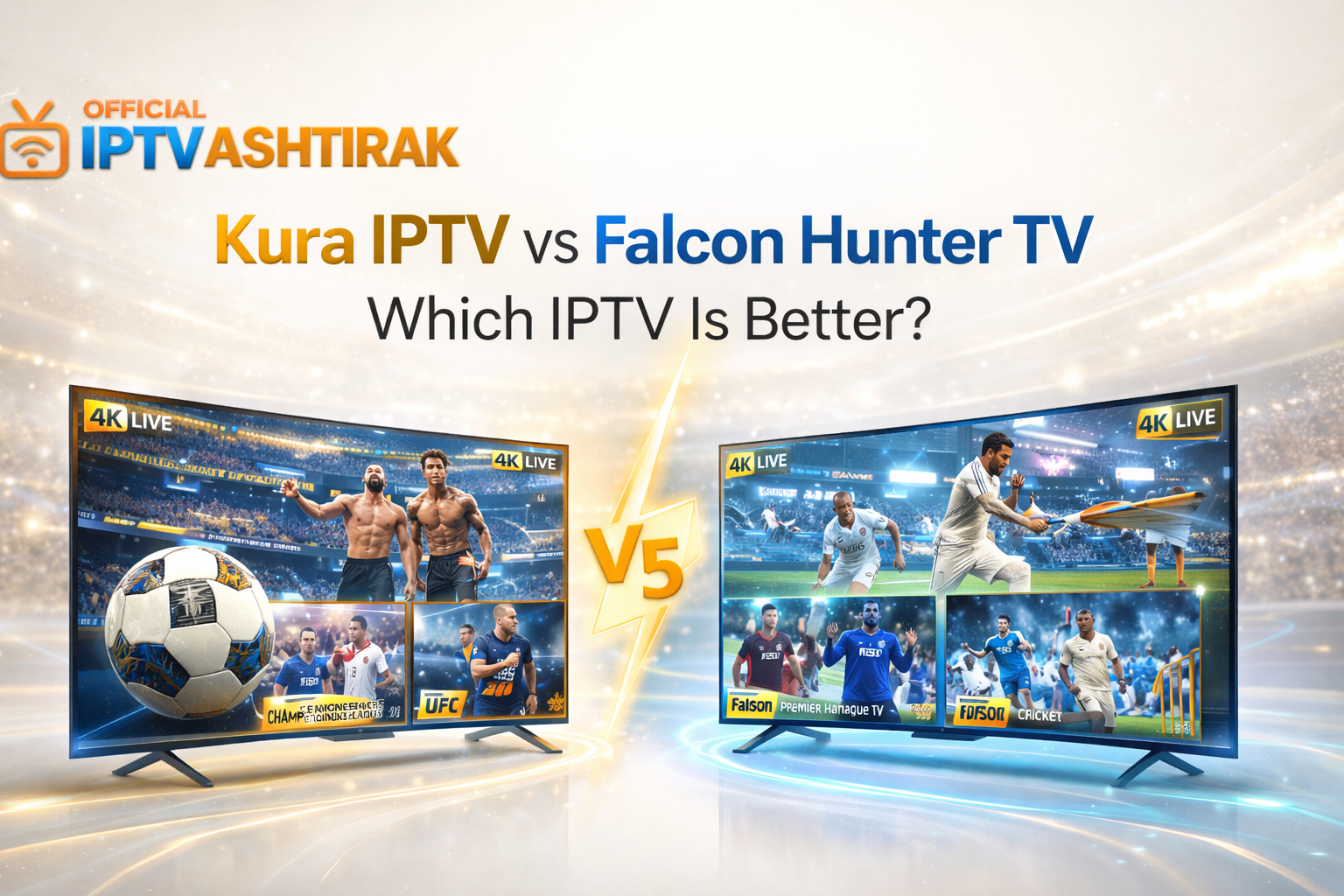 Kura IPTV vs Falcon Hunter TV, comparing which IPTV service is better, with images of two televisions displaying content related to sports and events.