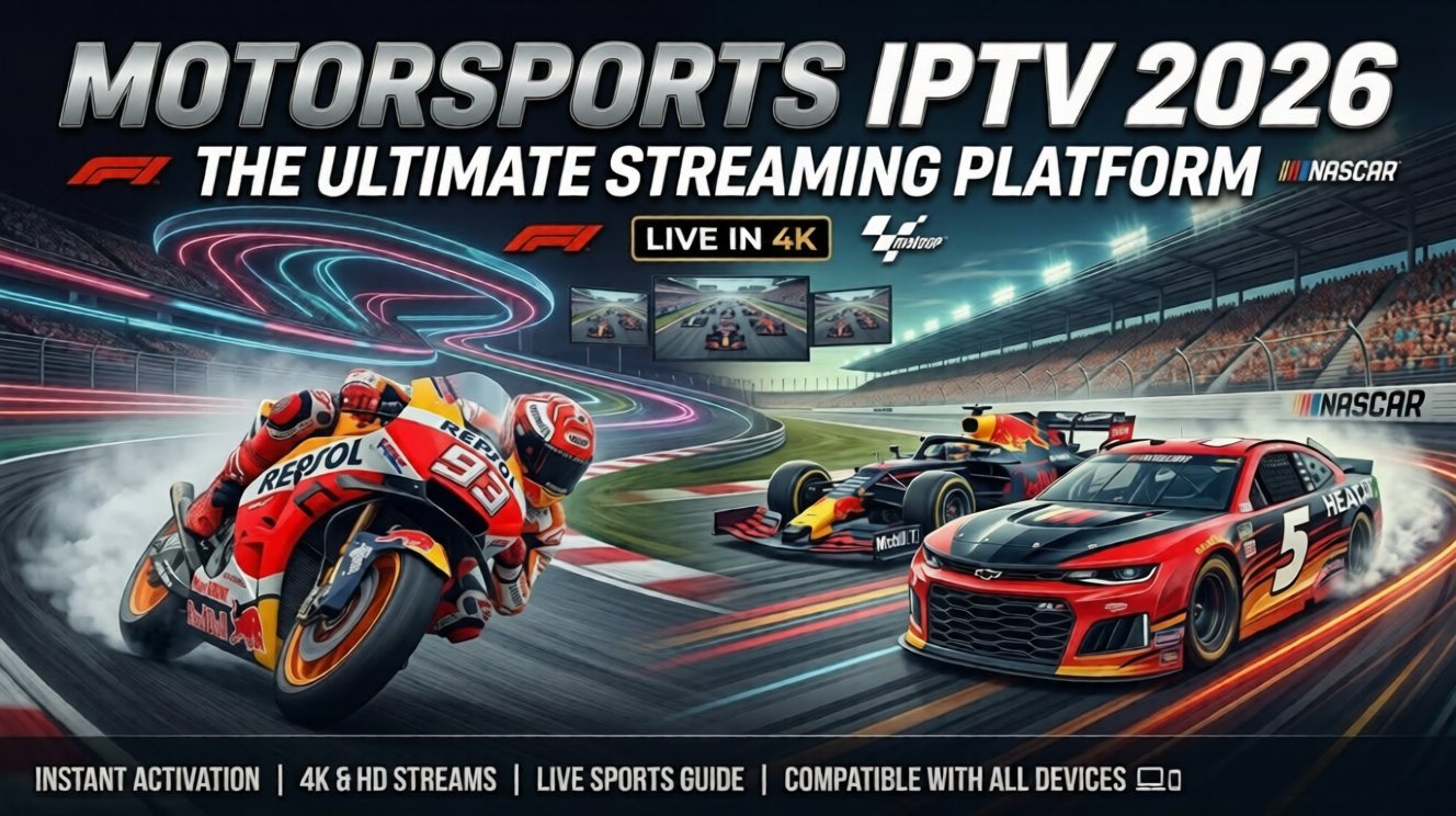 A promotional graphic for "Motorsports IPTV 2026," featuring racing cars and motorcycles in action on a racetrack, with text highlighting live streaming in 4K and compatibility with all devices. Motorsports IPTV 2026 | Watch F1 MotoGP & NASCAR Live in 4K